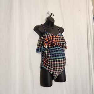 BEACH BUMP by MOTHERHOOD MATERNITY Black Multi Gingham Plaid 1 pc Medium FLAWED